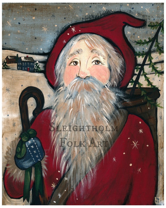 PRINT Country Santa 8x10 folk art christmas art