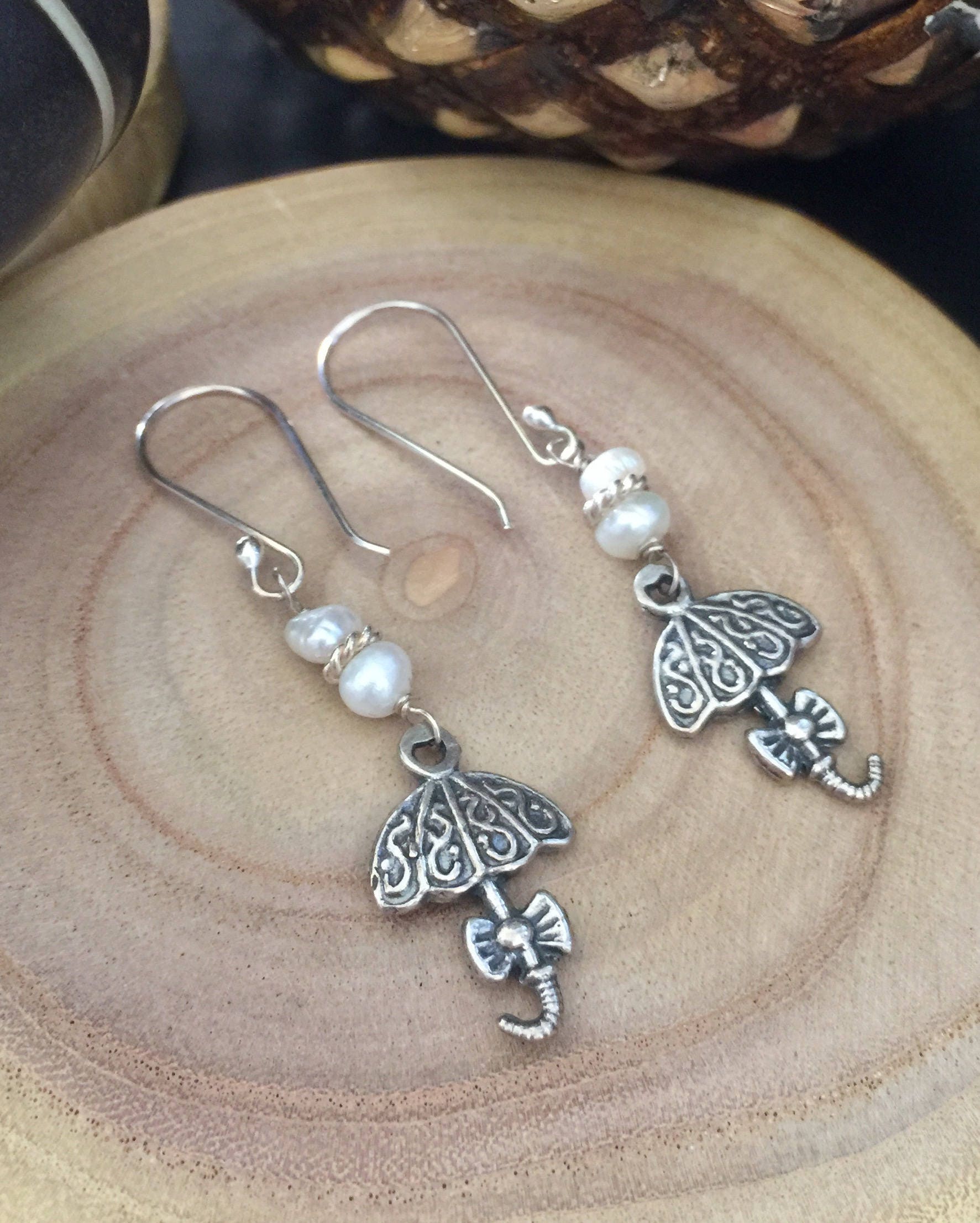 Dainty Sterling Silver Umbrella EarringsMinimalist Tiny Pearl