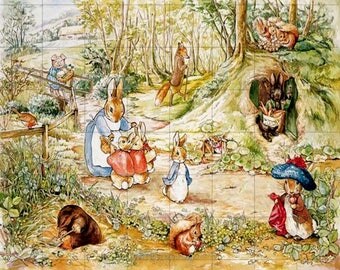 BEATRIX POTTER Many CHARACTERS No. 111 Vintage Print on Fabric. Fabric Block Panel. Size Options