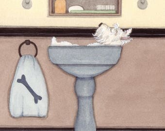 West Highland Terrier (westie) fills sink at bath time / Lynch signed folk art print