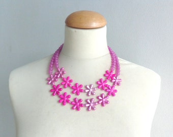 Hot pink necklace, hot pink statement necklace, pink flower necklace