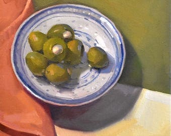 Art painting still life by Sarah Sedwick "Garlic-Stuffed Olives" 8x8"