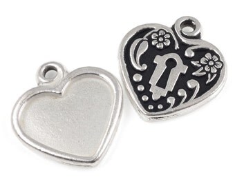 Antique Silver Heart Pendant Photo Pendant Picture Frame Heart Bezel Silver Pendant TierraCast Heart Lock Photo Frame Setting (P961)