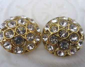 Vintage Buttons - 2 beautiful flower design rhinestone embellished, antique gold finish metal (jan 139-17)