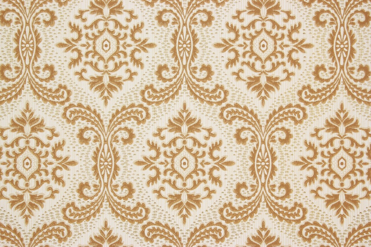 1960s Vintage Wallpaper Brown Damask and Gold Metallics by the