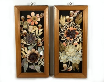 Vintage Framed Pair of Shell Art - Colorful and Creative, On Black Cloth Background