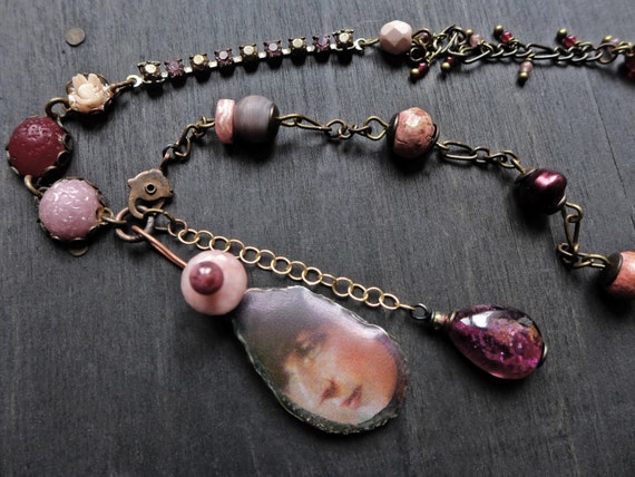 Plum and pink assemblage necklace with vintage glass beads - “Courage”