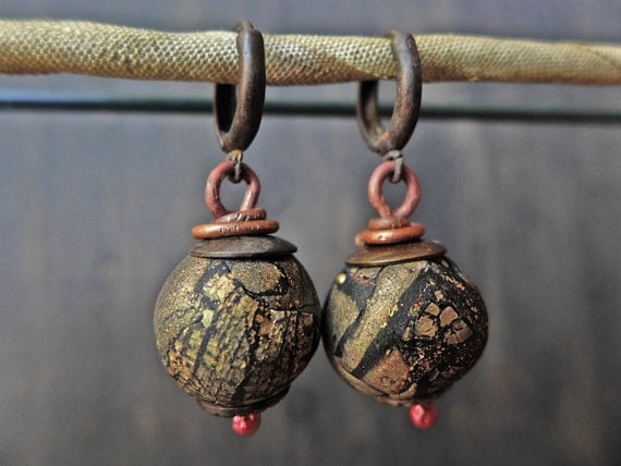 Handmade artisan earrings with polymer clay art beads-  Dark Treasure series by fancifuldevices
