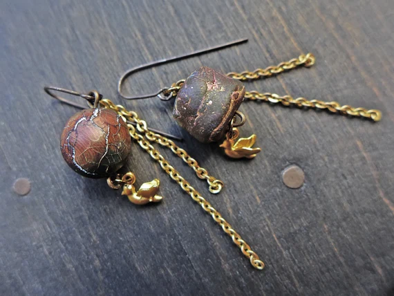 Handmade artisan earrings with polymer clay art beads- Wood and Metal series by fancifuldevices