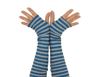 Arm Warmers in Blue and Grey Stripes - Cotton Fingerless Gloves - Sleeves