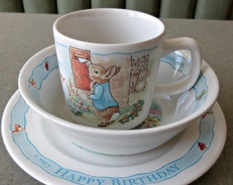 Vintage Peter Rabbit Dishes, Beatrix Potter, Wedgwood Dish Set, Child's Dishes, Peter Rabbit Happy Birthday Dishes, Ceramic Cup Bowl Plate
