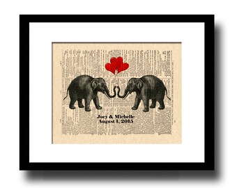 First Anniversary Gift, Paper Anniversary, 14th Anniversary Gift, Custom Anniversary Gift Ivory Anniversary, Names and Date, Elephants