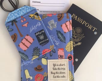 Passport Cover, Passport Wallet, Passport Holder Life is Short, Take the Trip, Eat the Cake, on Rifle Paper Fabric