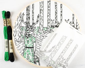 COMING HOME embroidery kit - hand embroidery kit by StudioMME, embroidery hoop art, embroidery pattern, antlered girl, forest deer