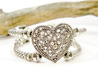 Silver Heart Cuff Bracelet, Double Strand, Silver Jewelry, Silver Bracelet, Women's Jewelry, Silver Heart