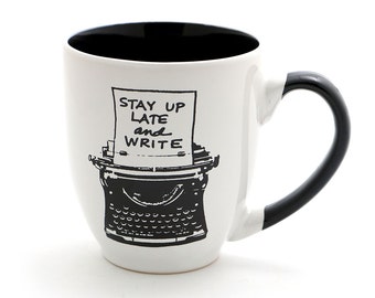 Writers Mug with Typewriter Funny Gift for Author or Lover of Writing Stay Up Late and write