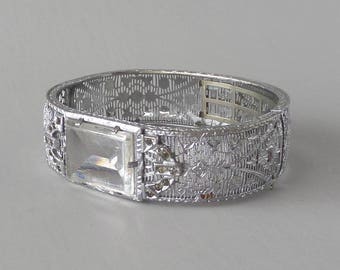 Art Deco Filigree Bracelet with Clear Glass "Stone".