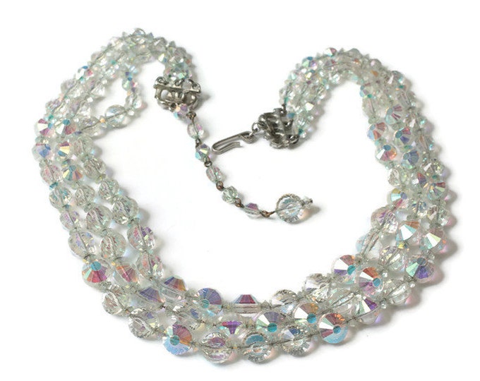 Aurora Borealis Crystal Three Strand Necklace Hobe Signed Wedding Prom Pageant Vintage