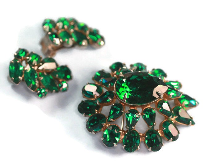 Green Rhinestone Brooch Earrings Demi Set 1960s Vintage