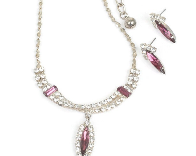 Raspberry Pink and Clear Rhinestone Necklace Earrings Set Vintage
