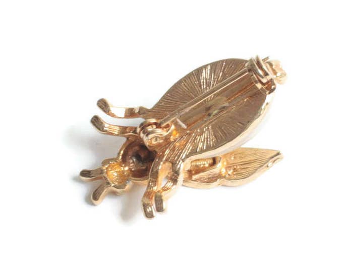 Fly Trembler Pin Brooch Faux Pearl Tummy Gold Tone Vintage
