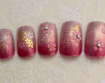 Stiletto or Square Sakura Ombre Nails | Gradation Press On Nails | Ombre Fake Nails | Glue on Nails | Glitter Acrylic Nails