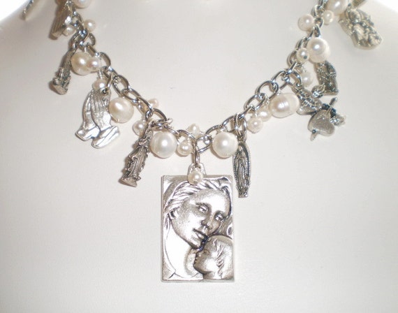 Cultured Freshwater Pearl Holy Mary Charm With Madonna And