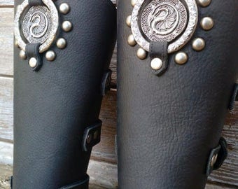 Oiled Black Bracer Pair Armor Ren Faire SCA w Dragon concho, Spots and Incised Antiqued Silver Ring