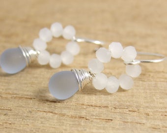Earrings with Tiny, White Crystal Beads and Frosted Blue Glass Teardrops Wire Wrapped with Sterling Silver Wire HE-357