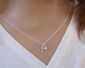 TINY cross necklace - Girl's First Communion, Goddaughter gift - Small Sterling Silver cross necklace - Photo NOT actual size