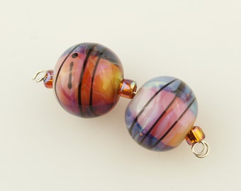 SRA Lampwork Glass Bead Set Earring Pair Iridescent Hot Pink Ivory