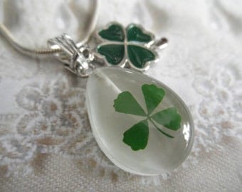 Real 4 Leaf Clover White Cat's Eye Teardrop Pendant w/4 Leaf Clover Enamel Charm-Nature's Art-Rare Find-Symbolizes Love, Luck, Hope, Faith