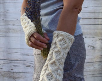Knit arm warmers cream ivory aran cables and diamonds knit fingerless gloves gift for her womens gloves rustic wedding Irish ladies gloves