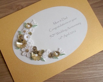 Quilled 50th golden wedding anniversary card, handmade, paper quilling