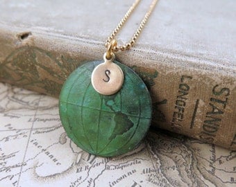World Map Necklace, Globe Necklace, Personalized Gift, Initial Jewelry, Travel Jewelry, Graduation Gift, Verdigris Map