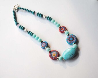 Turquoise Blue Necklace, Lampwork Bead Necklace, Abstract Necklace, Abstract Necklace, Stone Bead Necklace, Unique Funky Neckalce,
