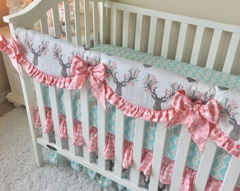 Girly Stag Baby Bedding, Blush Crib Bedding, Mint Baby Bedding, 3pc Crib Bedding, Deer Crib Bedding, Chevron Baby Bedding