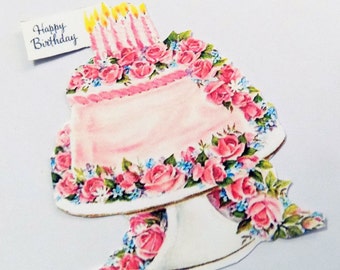 Pink Birthday Tags - Set of 3 - Retro Birthday Tag - Birthday Cake Tags - 1950's Birthday Tags - Pink Flower Cake - Happy Birthday -