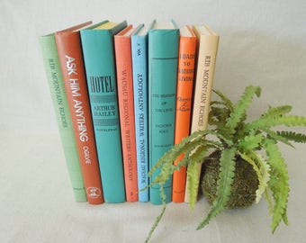Blue Green Orange Books for Decor - Colorful Book Stack - Instant Library - Books by Color Vintage