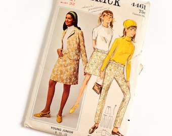 Vintage 1960s Girls Size 12T Mod Jacket A-line Skirt and Slim Pants Butterick Sewing Pattern 4461 Complete / bust 32 waist 25