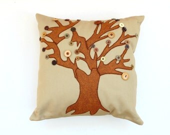 Fall pillow, button pillow, appliqued pillow with button leaves, brown rust colors, Autumn home decor, decorative pillow, throw pillow