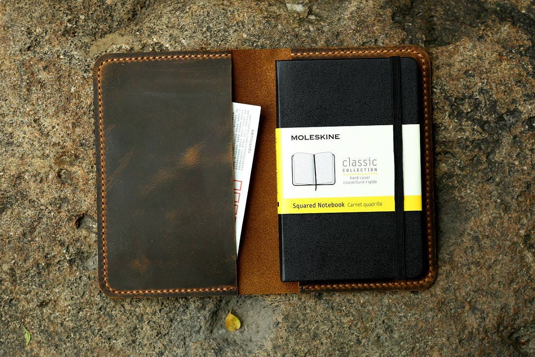 Leather notebook cover for moleskine classic notebook pocket