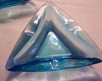 Vintage MCM Turquiose Glass Ashtrays (2), Aqua Triangles, Atomic Space Age, 1950s, 1960s Glass Ashray