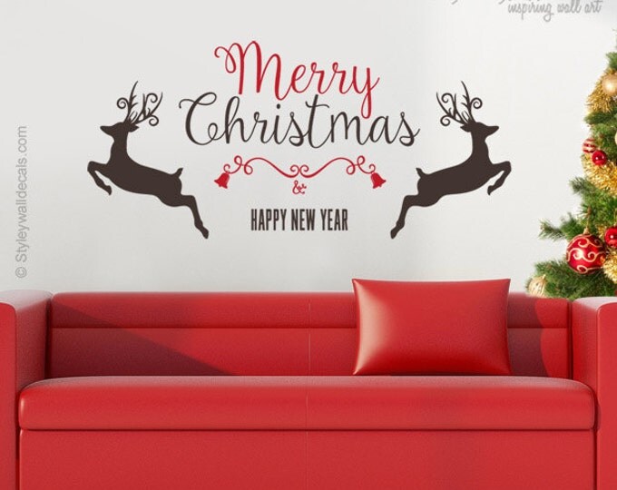 Merry Christmas Wall Decal, Rain Deer Wall Decal, Christmas Decorations Wall Sticker, Happy New Year Wall Decals, Christmas Decoration