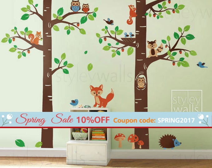 Forest Animals Wall decal Tree Wall Decal Tree Tops Woodland Critters Nursery Baby Playroom Kids Children Wall Decal Wall Sticker