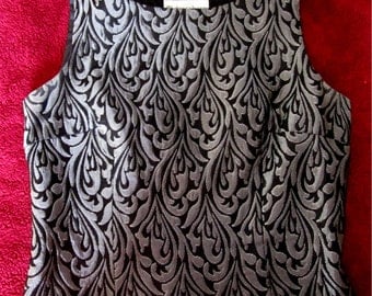 Black and Silver Brocade Shell/Top/Blouse Lined with Back Zipper