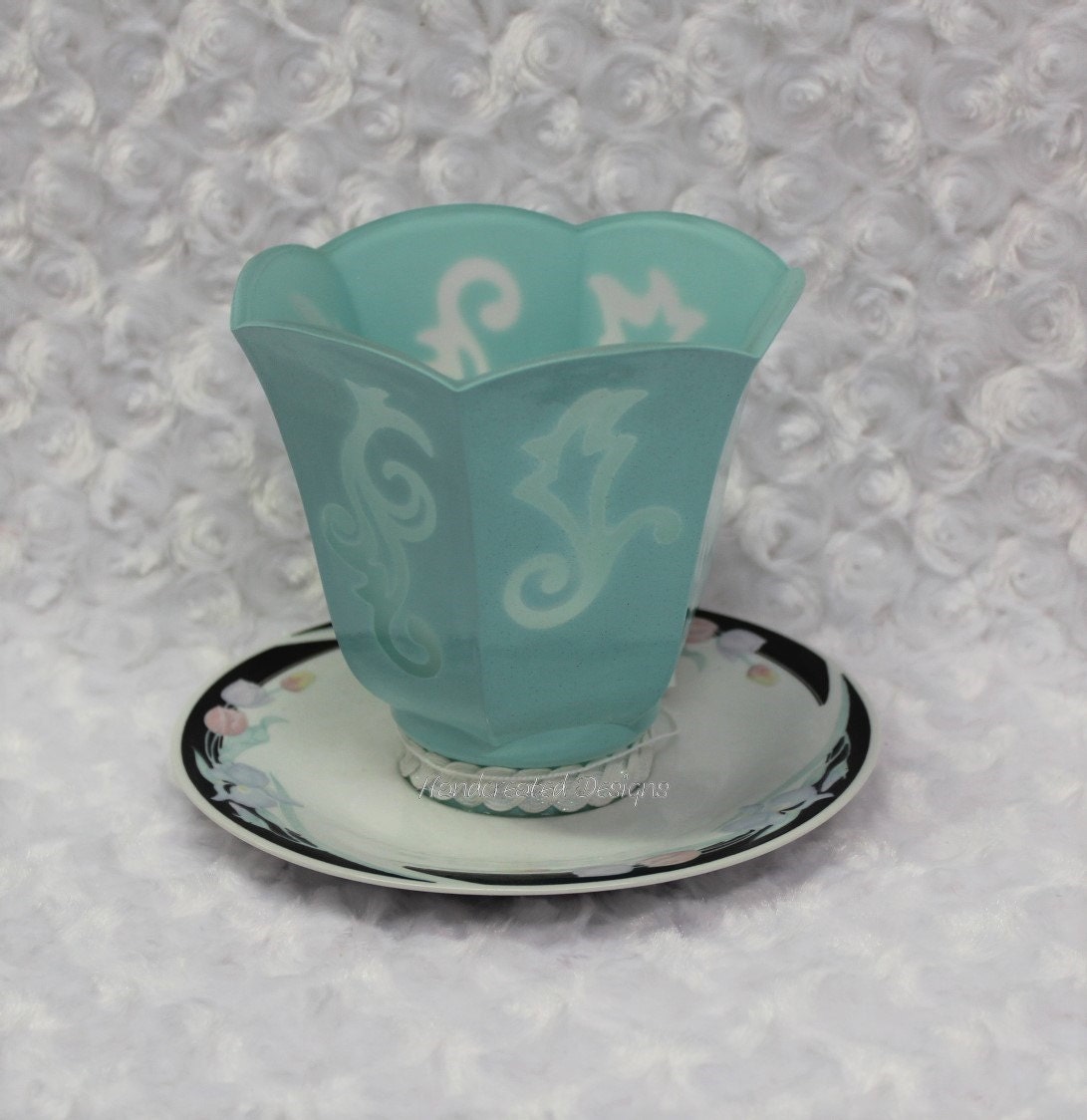 Blue Stenciled Light Shade Candle Holder Repurposed Glass