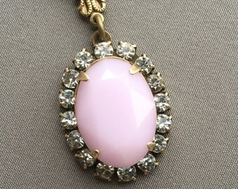 Rhinestone Necklace - Rhinestone Pendant - Pink Necklace - Crystal Necklace - Rose Alabaster - Gift for Her - Light Pink Jewelry - Romantic