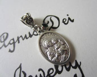 St Joseph Medal & Dark Green Charm Pendant Necklace Patron Saint Medal Italy Catholic Jewelry Religious Gift Fathers Carpenters Happy Death