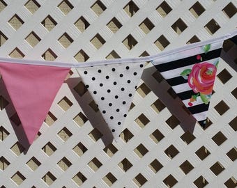 Kate Spade Bridal Shower, Fabric Banner, Black White Stripes, Gold Dots Watercolor Roses, Nursery, Kate Spade Baby Shower Wedding Photo Prop